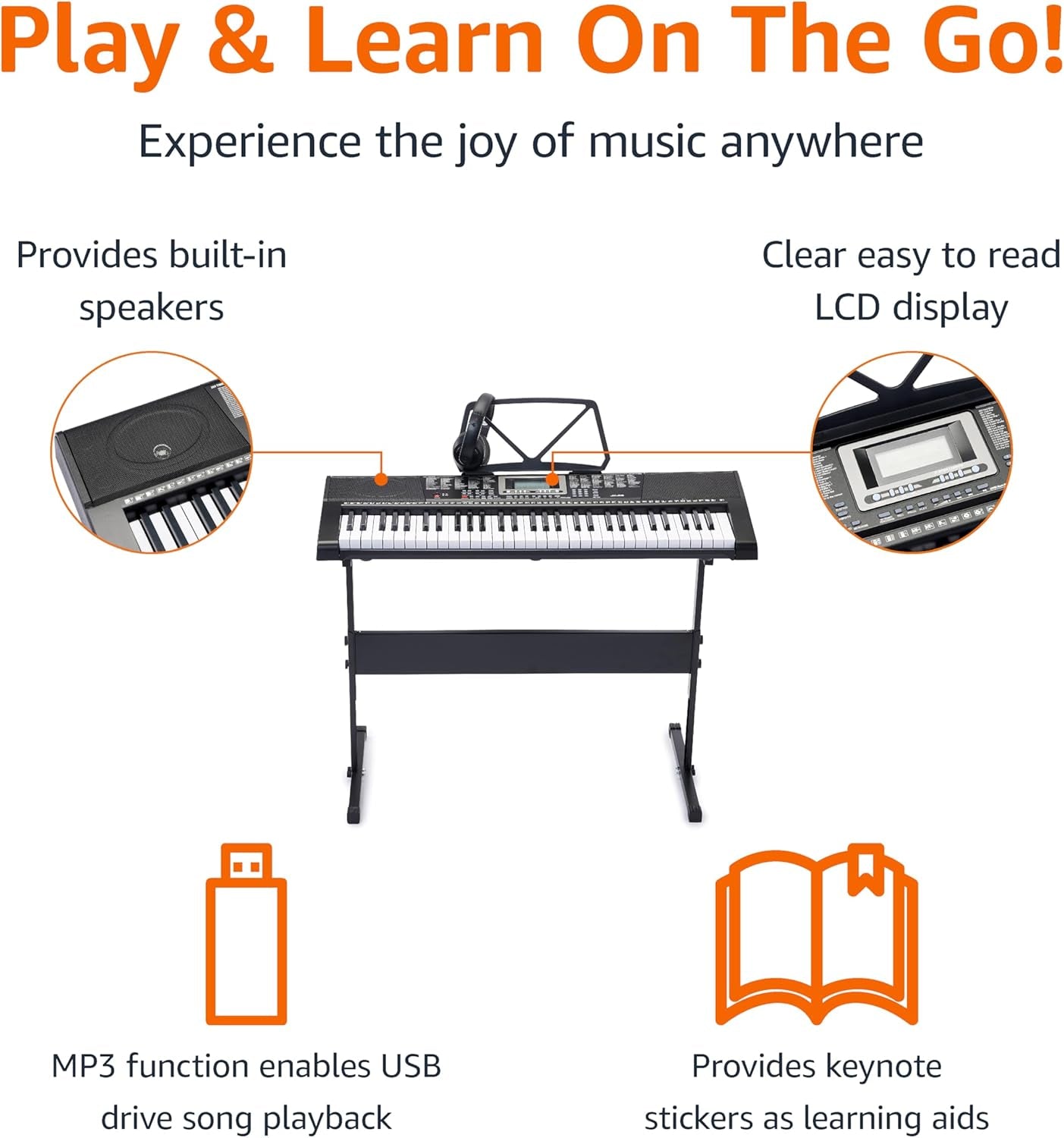 Electric Keyboard Piano with 61 Keys, Built-In Speakers, Songs for Learning, Black