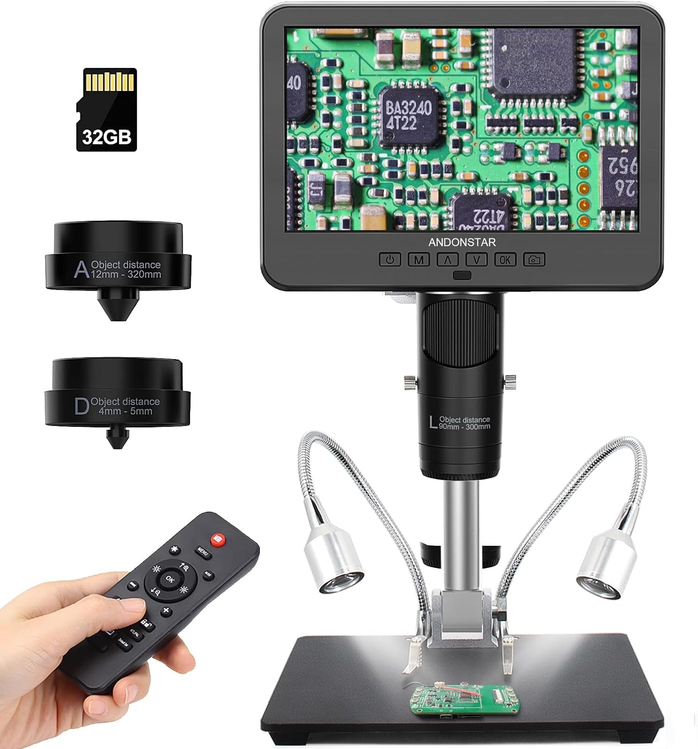 AD246S-M HDMI Digital Microscope 2000X for Adults, 3 Lens 2160P UHD Video Record, 7 Inch LCD Soldering Microscope for Electronics Repair, Error Coins, Pro Boom Arm Stand, Windows Compatible