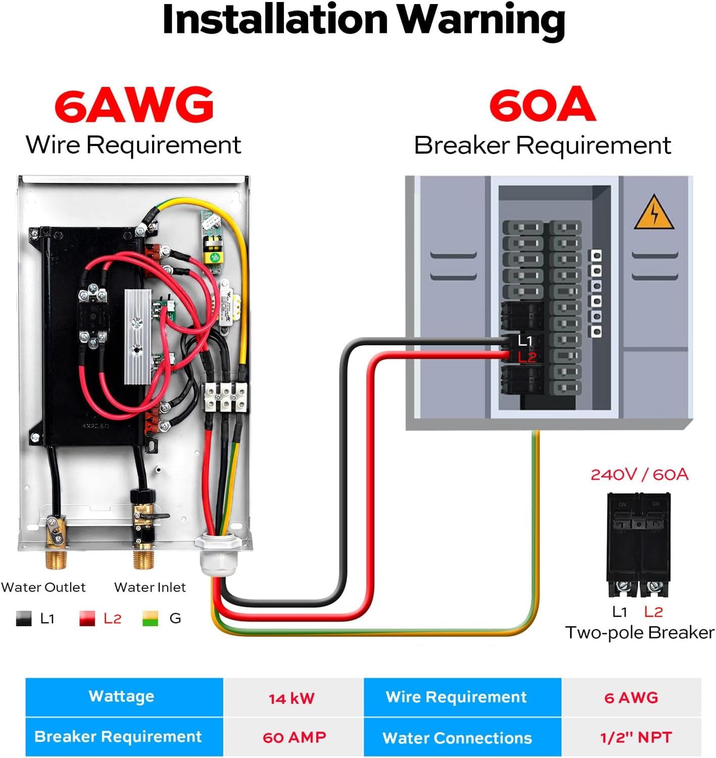 14Kw Tankless Water Heater Electric, 240 Volt on Demand Instant Hot Water Heater, with LED Digital Display, ETL Certified, up to 3.38 GPM for 2-3 Point of Use