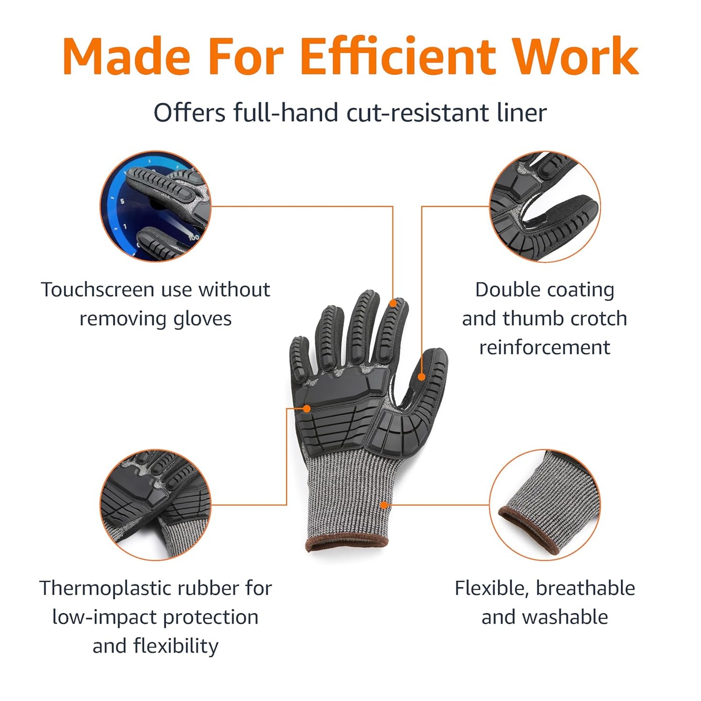 Cut Level A2, Abrasion ANSI Level A4, Impact Protection Gloves with Touch Screen Friendly 15G Sandy Nitrile Palm, Pack of 100 Pairs, Black, Size X-Large
