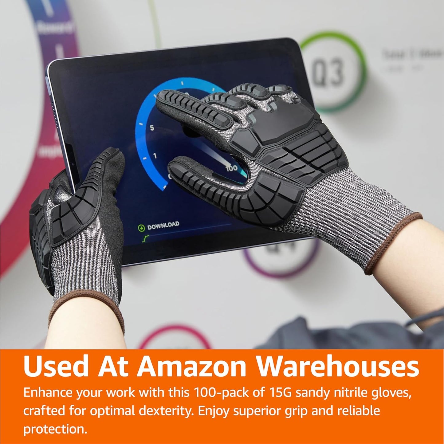 Cut Level A2, Abrasion ANSI Level A4, Impact Protection Gloves with Touch Screen Friendly 15G Sandy Nitrile Palm, Pack of 100 Pairs, Black, Size X-Large
