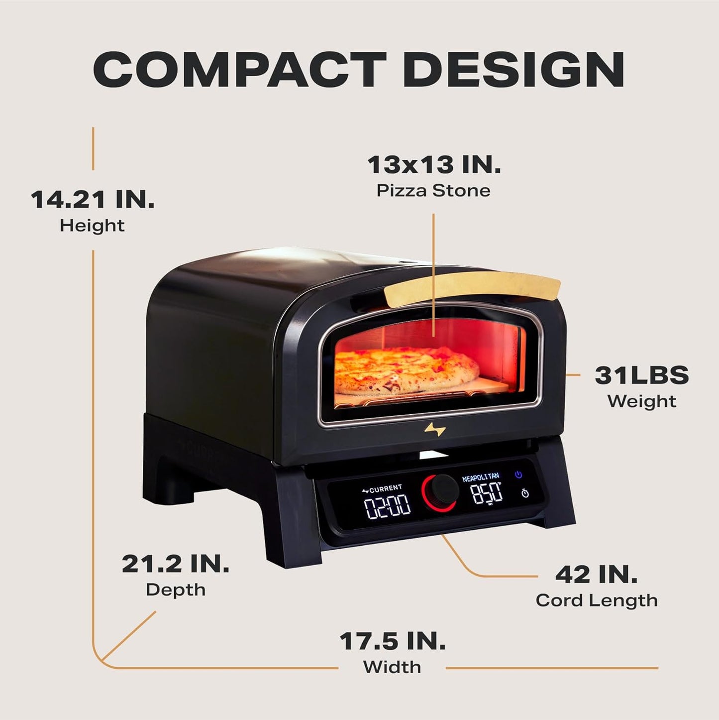 ® Model P Smart Electric Pizza Oven, 12-Inch, 850°F Max, 5 Cooking Modes, App Connectivity for Temperature Monitoring & Custom Cooking Times, Compact for Indoor & Outdoor Use, Beige