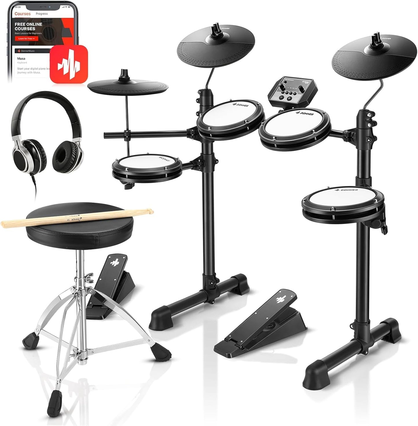 DED-80 Electronic Drum Set with 4 Quiet Mesh Pads, 180+ Sounds, 2 Pedals, Throne, Headphones, Sticks, and Melodics Lessons