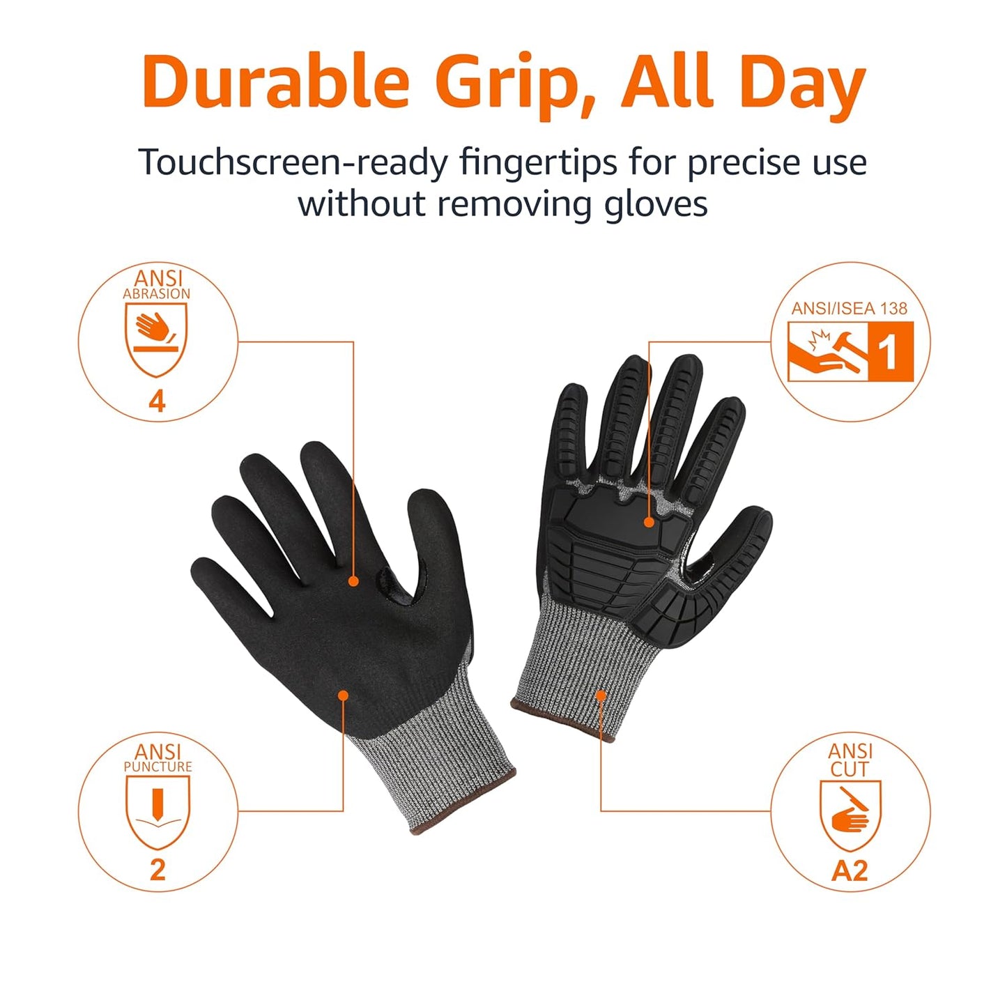 Cut Level A2, Abrasion ANSI Level A4, Impact Protection Gloves with Touch Screen Friendly 15G Sandy Nitrile Palm, Pack of 100 Pairs, Black, Size X-Large