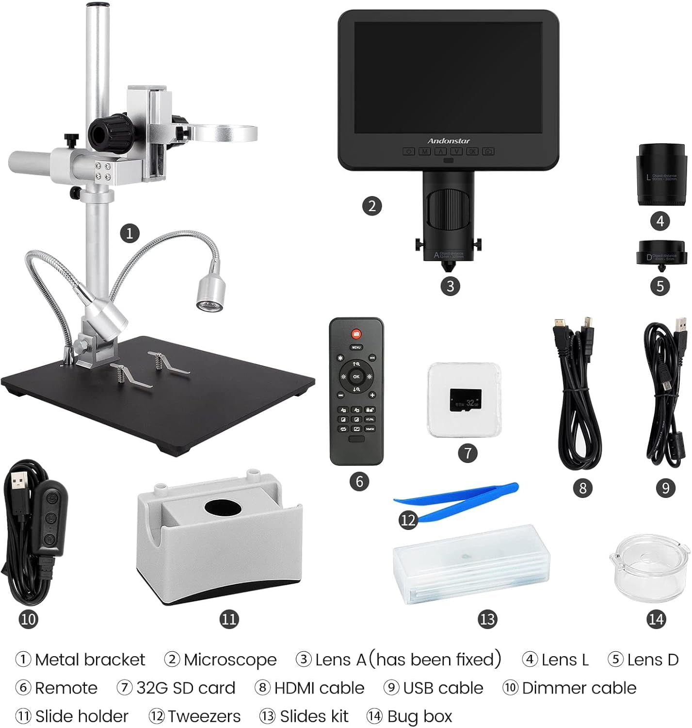 AD246S-M HDMI Digital Microscope 2000X for Adults, 3 Lens 2160P UHD Video Record, 7 Inch LCD Soldering Microscope for Electronics Repair, Error Coins, Pro Boom Arm Stand, Windows Compatible