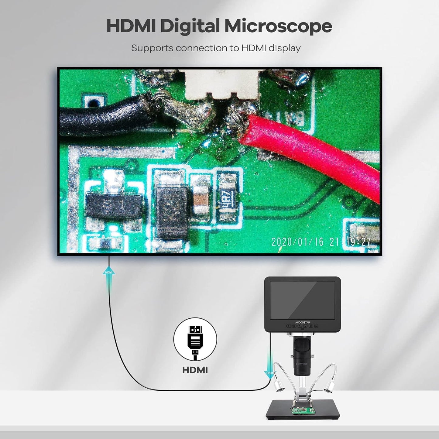 AD246S-M HDMI Digital Microscope 2000X for Adults, 3 Lens 2160P UHD Video Record, 7 Inch LCD Soldering Microscope for Electronics Repair, Error Coins, Pro Boom Arm Stand, Windows Compatible