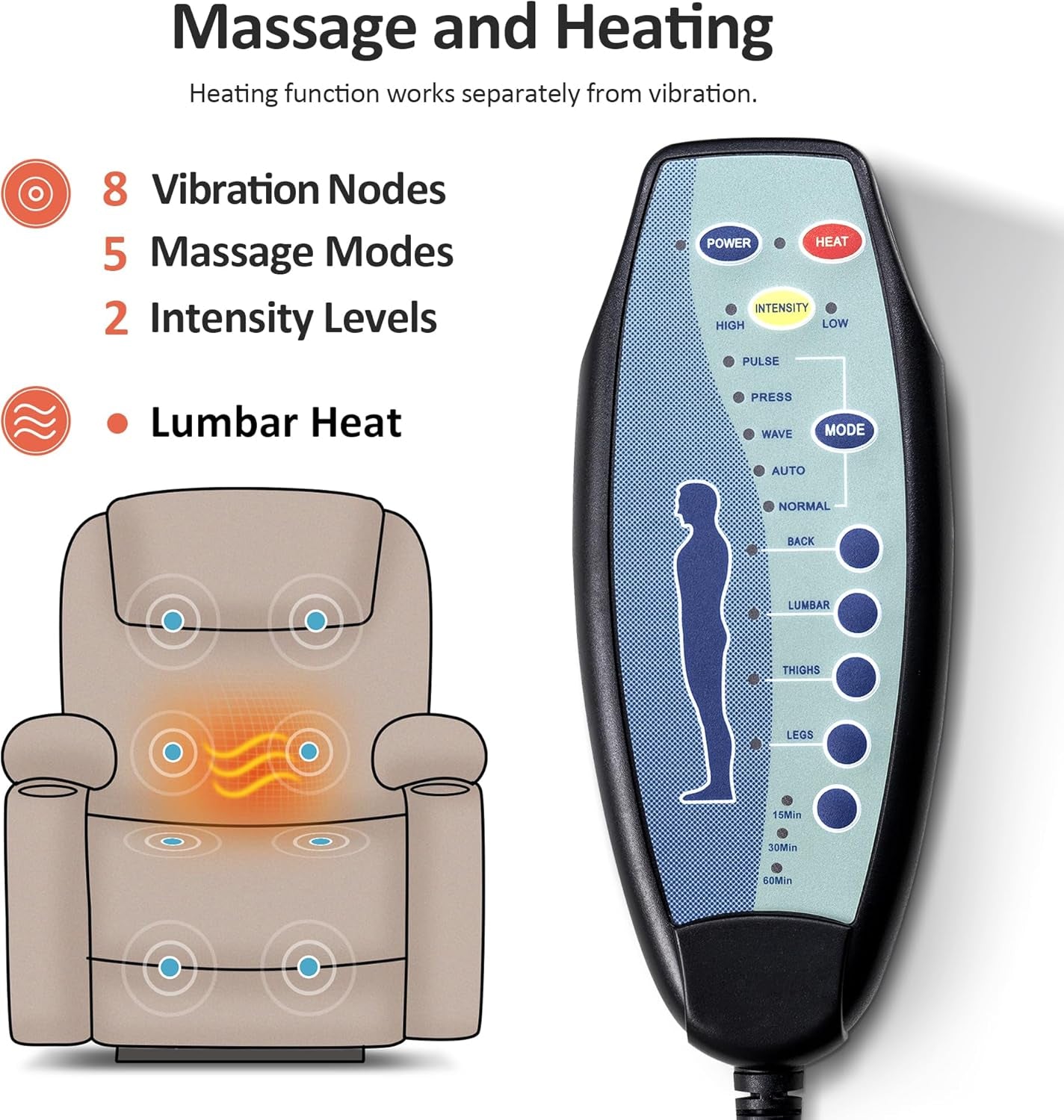 Electric Power Lift Recliner Chair Sofa with Massage and Heat for Elderly, 3 Positions, 2 Side Pockets, and Cup Holders, USB Ports, Faux Leather 7040 (Light Brown, Medium)