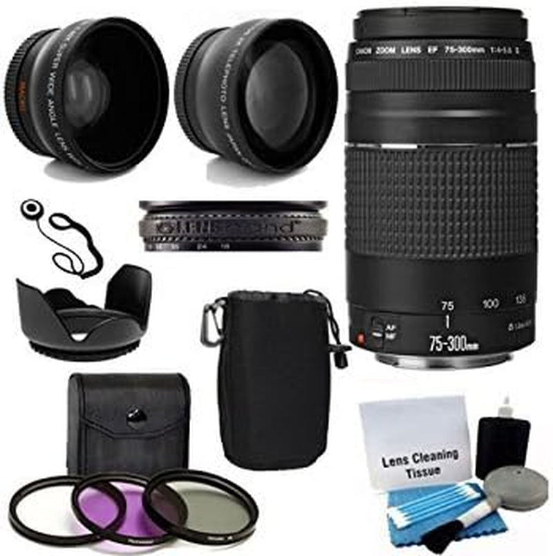 EF 75-300Mm F/4-5.6 III Telephoto Zoom Lens with 2X Telephoto Lens, HD Wide Angle Lens and Accessories (8 Piece Kit)