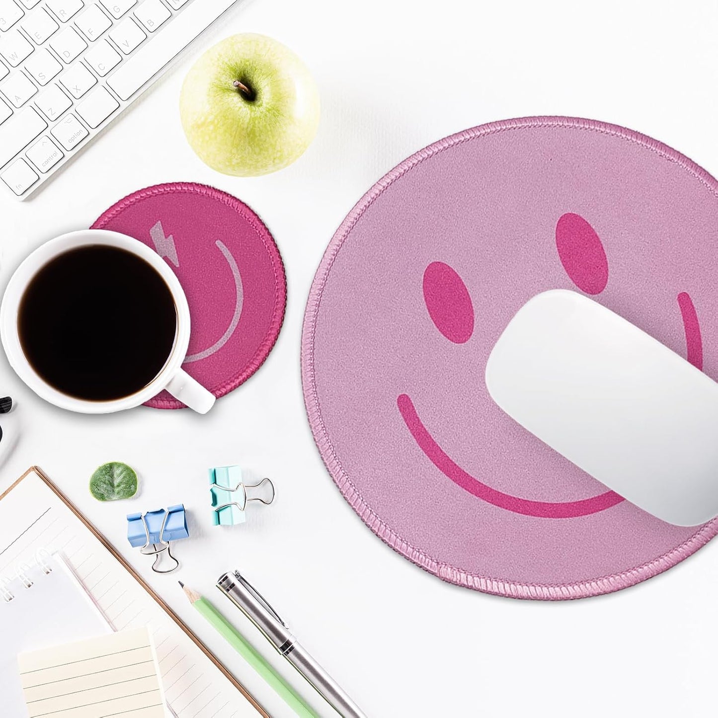 Small Round Travel Mouse Pad Cute Funny Mousepad Preppy Smile Face Mousepads with Coaster Non-Slip Rubber Base Stitched Edge for Wireless Computer for Office Home Gaming Laptop Women