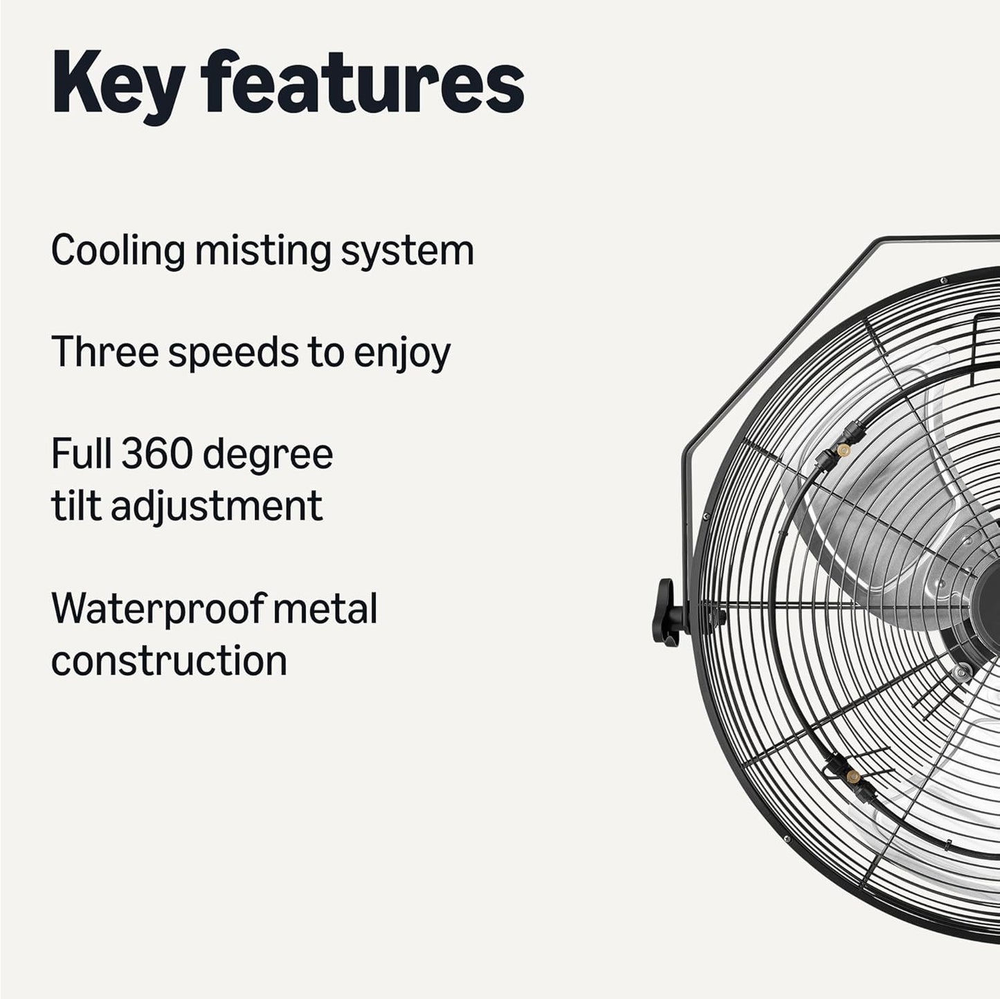 18" Outdoor Misting Fan, Wall-Mounted, Industrial Fan, Waterproof (IP44), with Tilt Head, Heavy-Duty Metal Blades, Dual Ball Bearing Motor, 3 Speeds up to 1550 RPM and 3781 CFM, Black