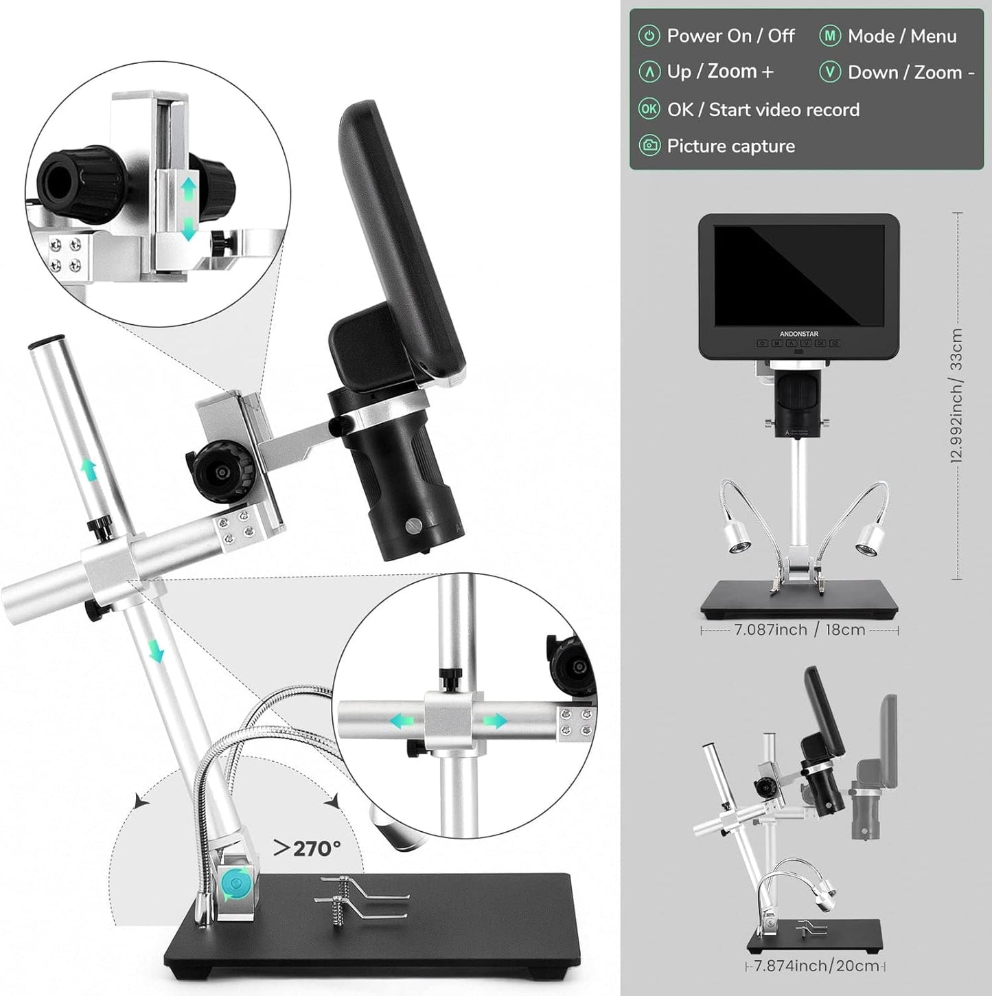AD246S-M HDMI Digital Microscope 2000X for Adults, 3 Lens 2160P UHD Video Record, 7 Inch LCD Soldering Microscope for Electronics Repair, Error Coins, Pro Boom Arm Stand, Windows Compatible