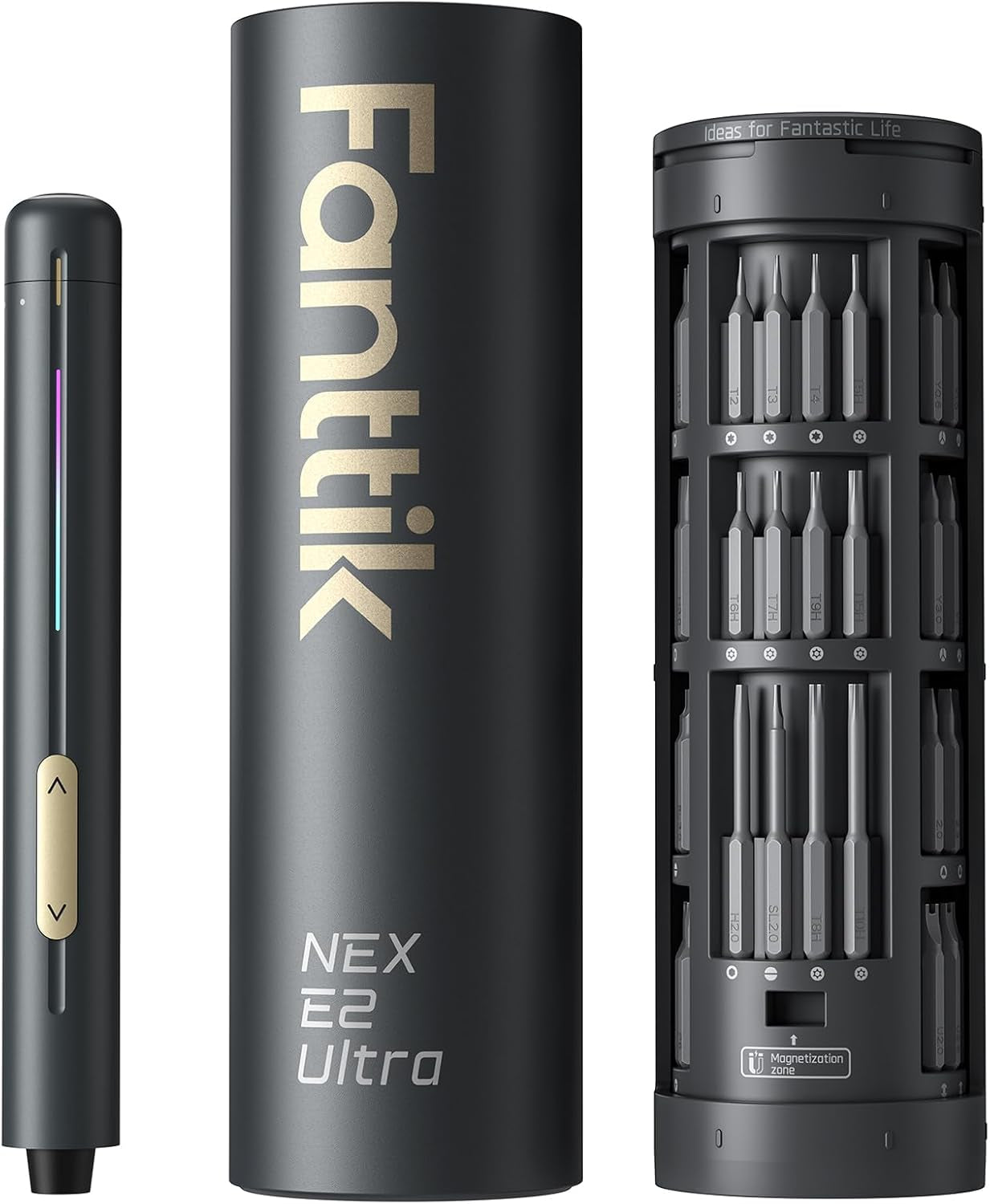 E2 Ultra 3.7V Mini Electric Screwdriver, Cordless Screwdriver, Max 0.6N.M, 50 Magnetic Bits, 5/32'' Hex, Magnetic Storage, Repair Tool for Electronics, Camera, Laptop, and PC Build (Grey)