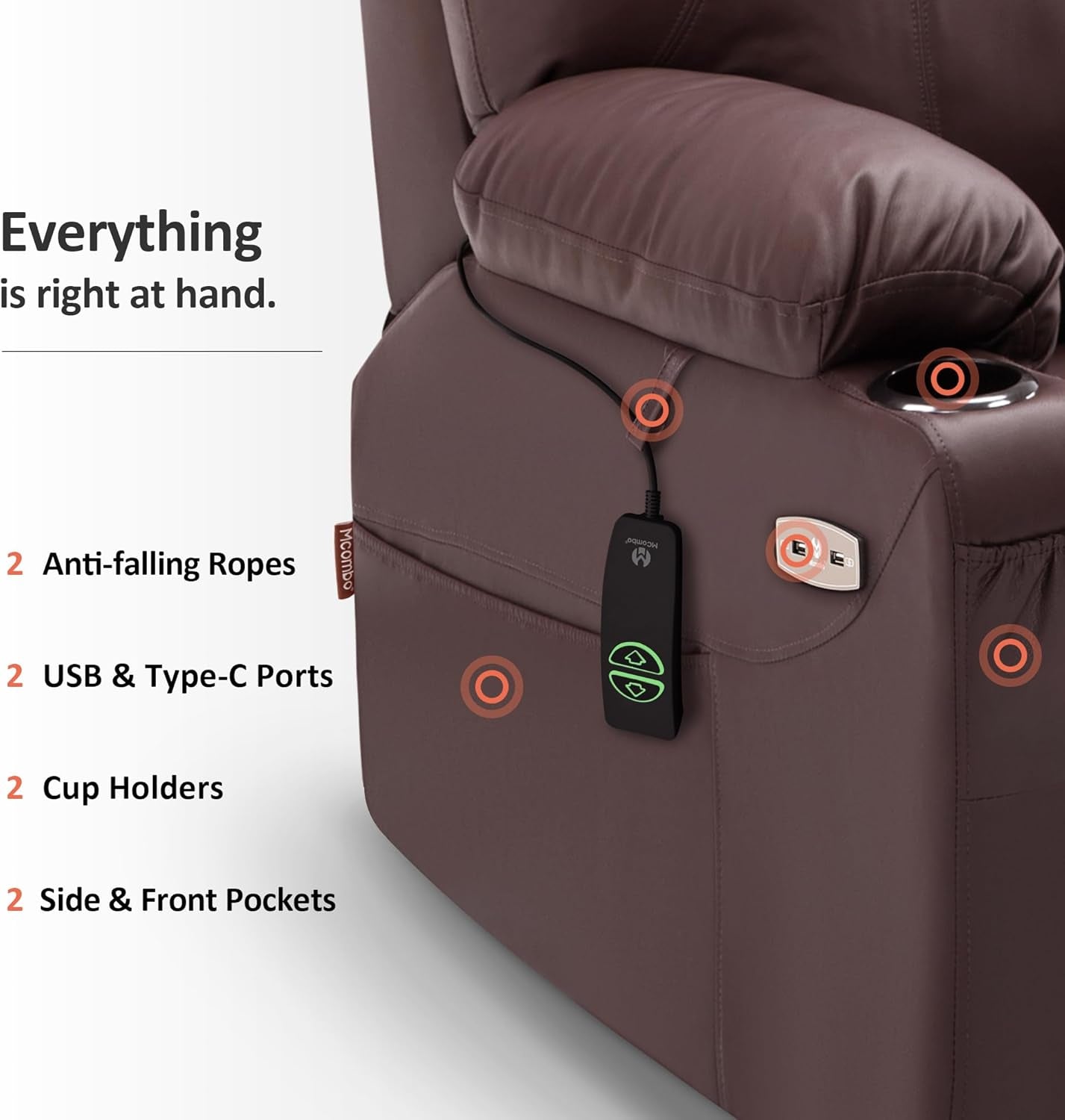 Electric Power Lift Recliner Chair Sofa with Massage and Heat for Elderly, 3 Positions, 2 Side Pockets, and Cup Holders, USB Ports, Faux Leather 7040 (Light Brown, Medium)