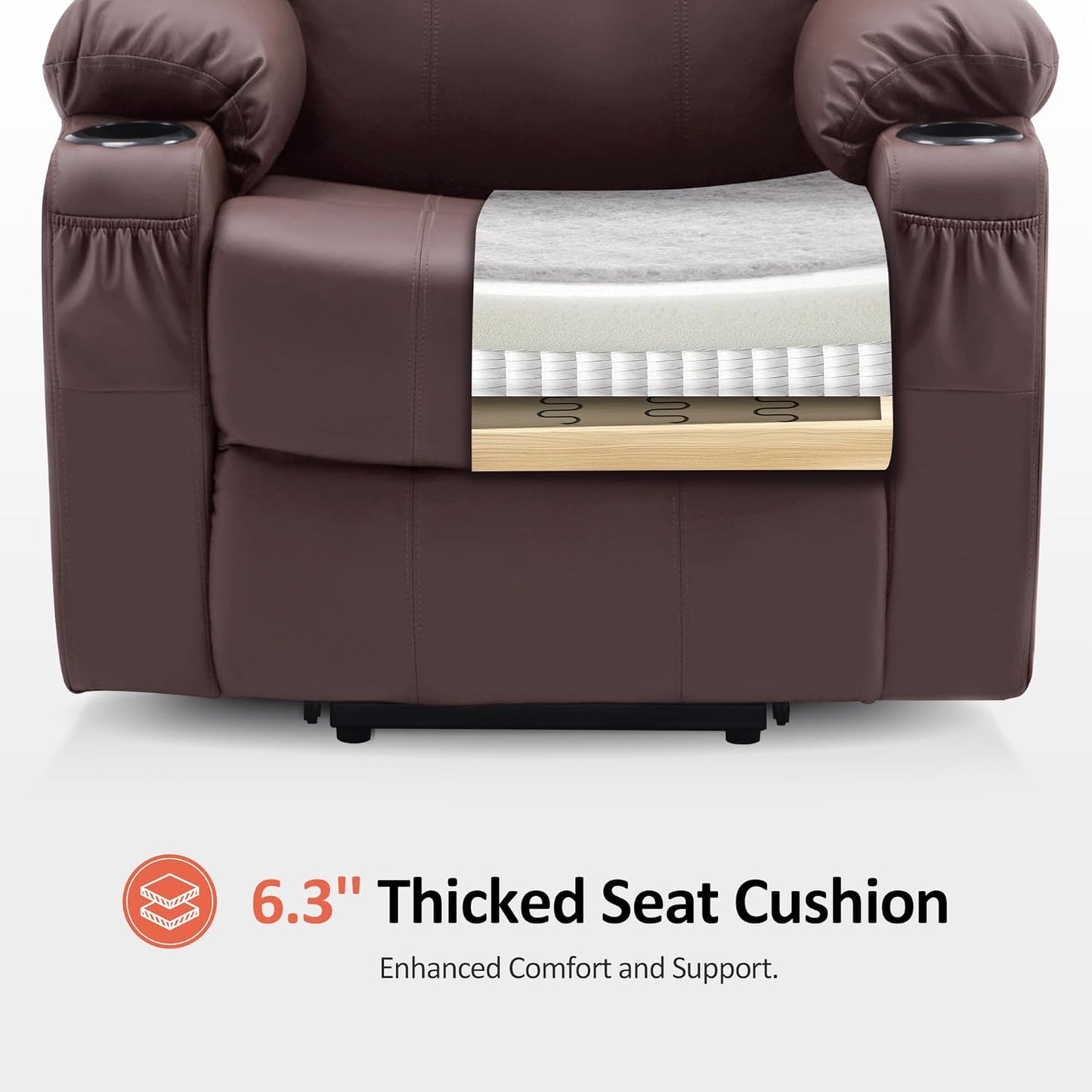 Electric Power Lift Recliner Chair Sofa with Massage and Heat for Elderly, 3 Positions, 2 Side Pockets, and Cup Holders, USB Ports, Faux Leather 7040 (Light Brown, Medium)