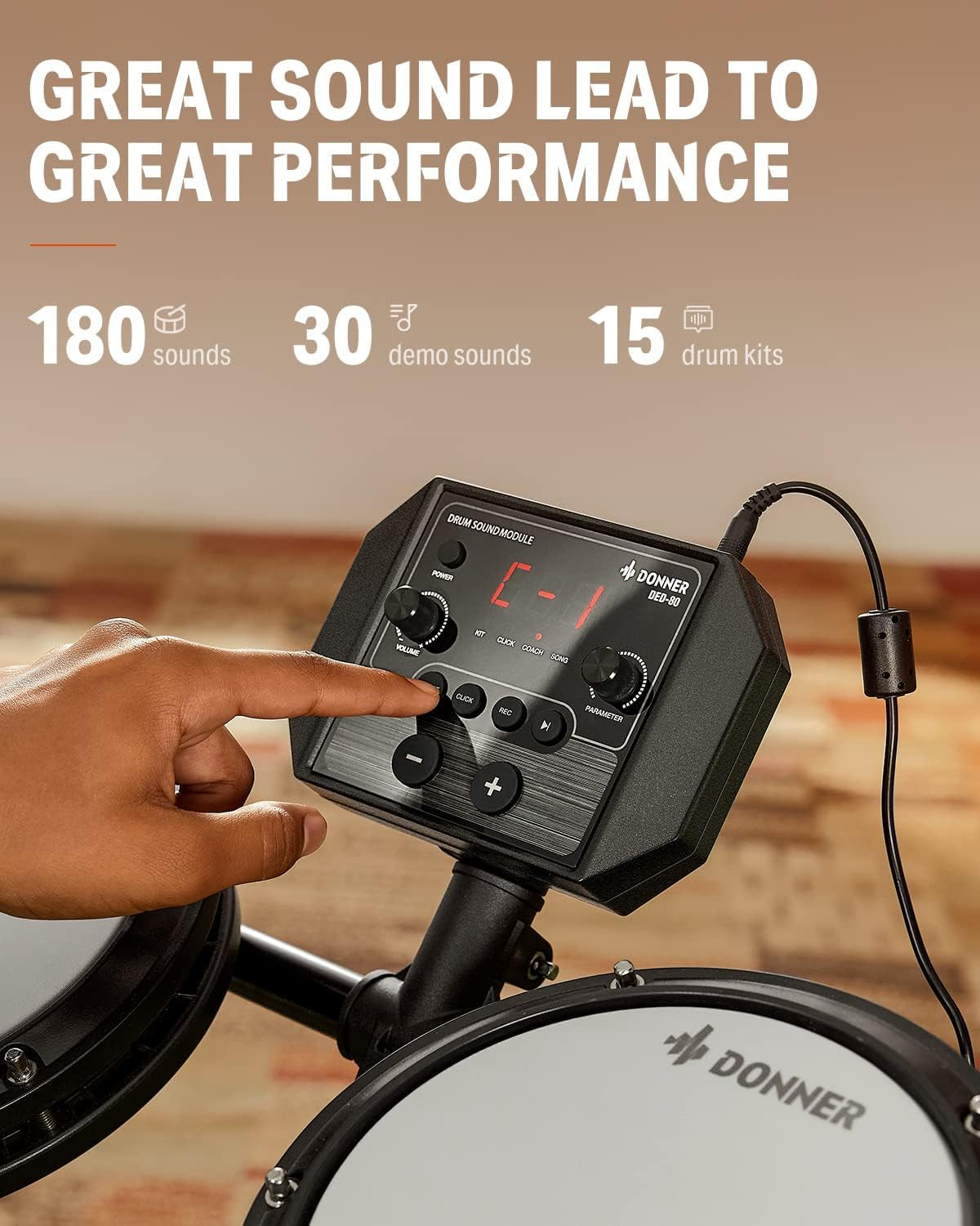 DED-80 Electronic Drum Set with 4 Quiet Mesh Pads, 180+ Sounds, 2 Pedals, Throne, Headphones, Sticks, and Melodics Lessons