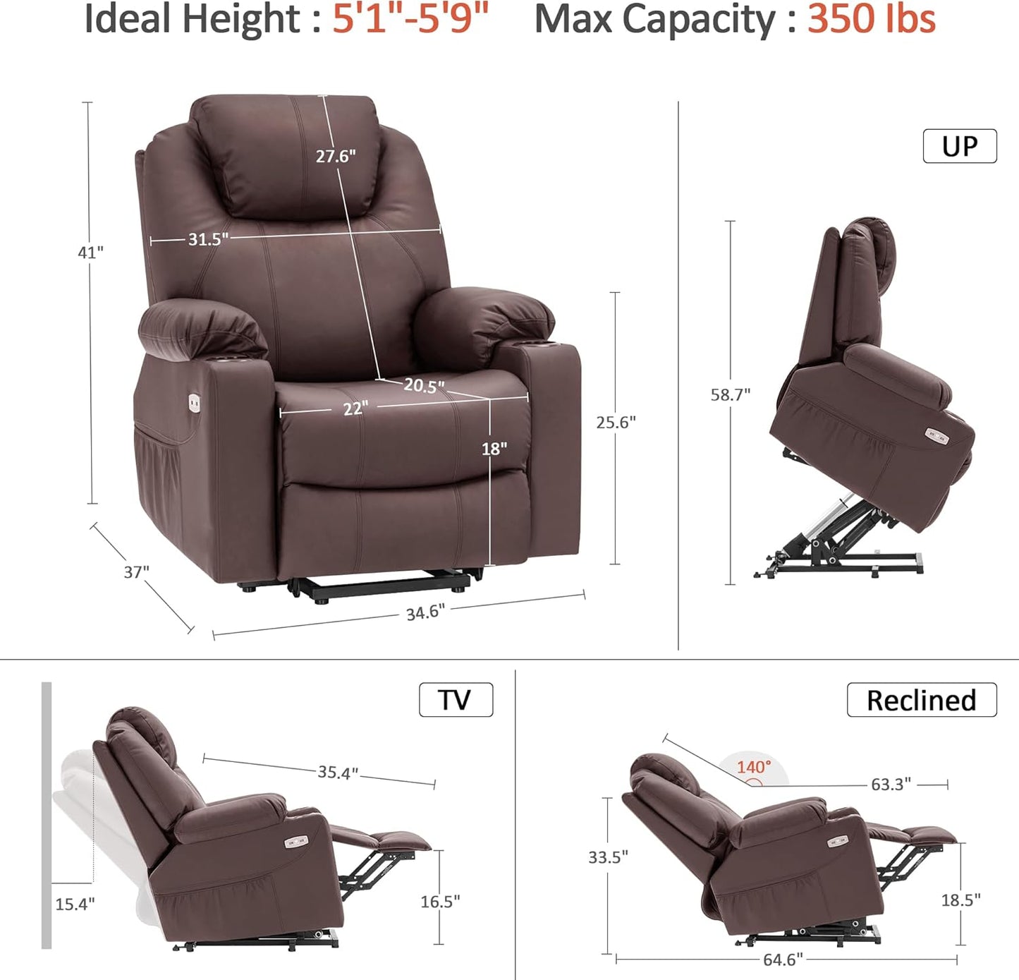 Electric Power Lift Recliner Chair Sofa with Massage and Heat for Elderly, 3 Positions, 2 Side Pockets, and Cup Holders, USB Ports, Faux Leather 7040 (Light Brown, Medium)