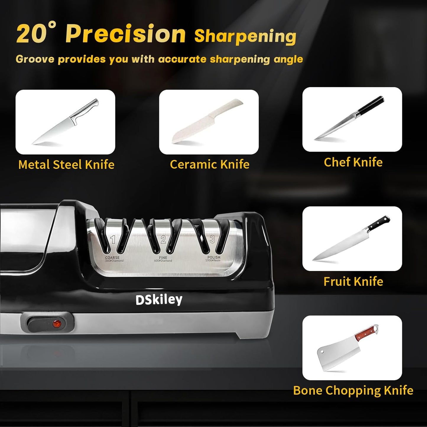 Professional 3-Stage Electric Knife Sharpener for Kitchen Knives, with 100% Diamond Abrasive 20° Precision Angle Guide, Quickly Sharpening, Repairing/Restoring/Polish Blades (Black)