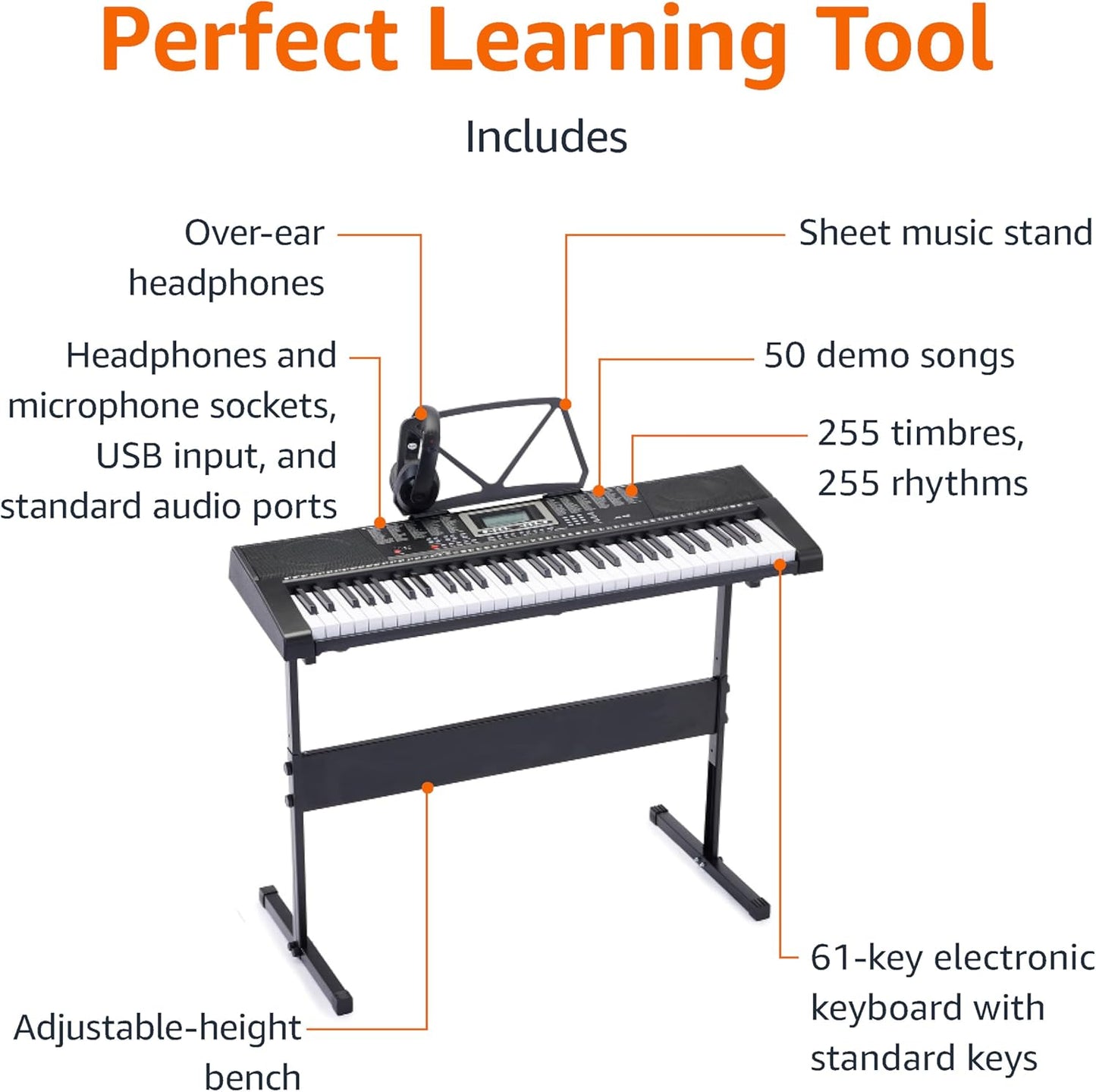 Electric Keyboard Piano with 61 Keys, Built-In Speakers, Songs for Learning, Black