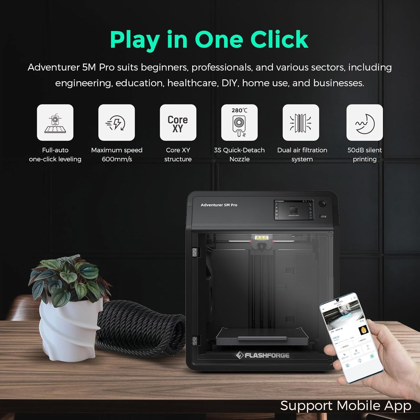 Adventurer 5M Pro 3D Printer with 1 Click Auto Printing System, 600Mm/S High-Speed, Quick Detachable 280°C Nozzle, Core XY All-Metal Structure, Multi-Functional 220X220X220Mm 3D Printer