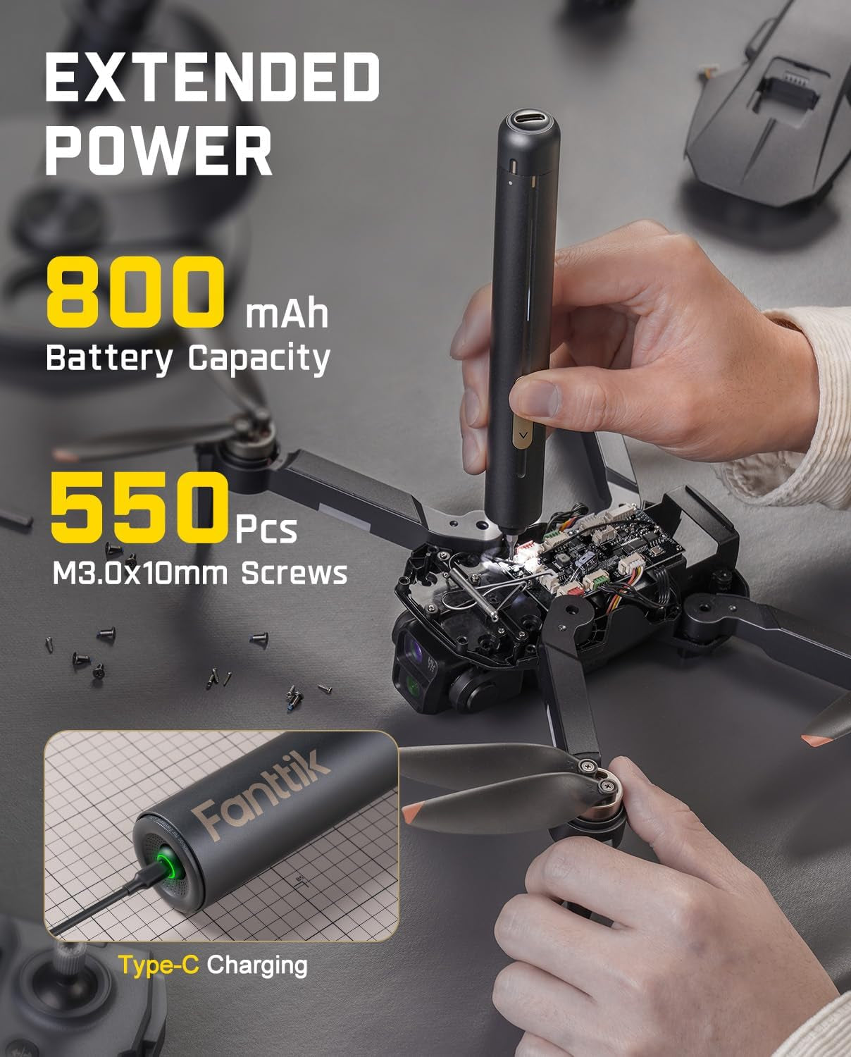 E2 Ultra 3.7V Mini Electric Screwdriver, Cordless Screwdriver, Max 0.6N.M, 50 Magnetic Bits, 5/32'' Hex, Magnetic Storage, Repair Tool for Electronics, Camera, Laptop, and PC Build (Grey)