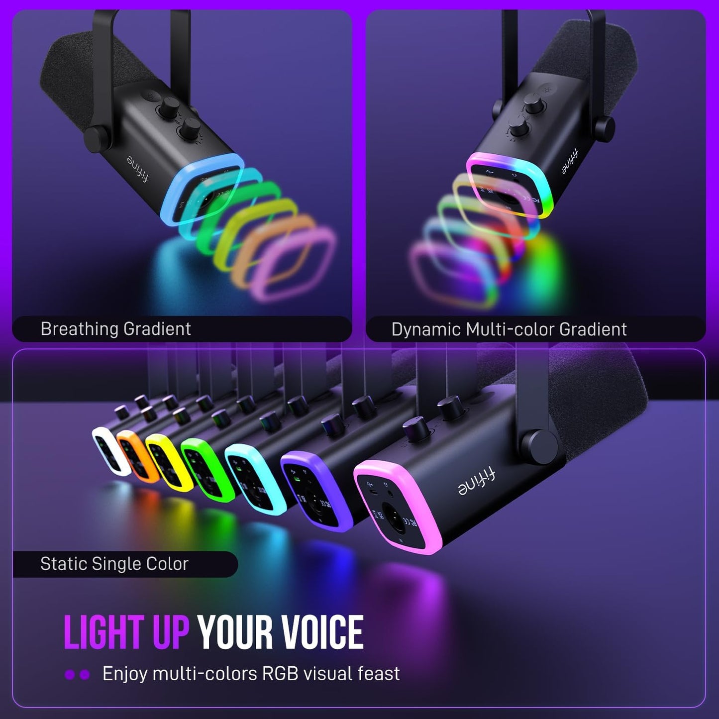 USB/XLR Dynamic Microphone for Podcast Recording, PC Computer Gaming Streaming Mic with RGB Light, Mute Button, Headphones Jack, Desktop Stand, Vocal Mic for Singing Youtube-Ampligame AM8