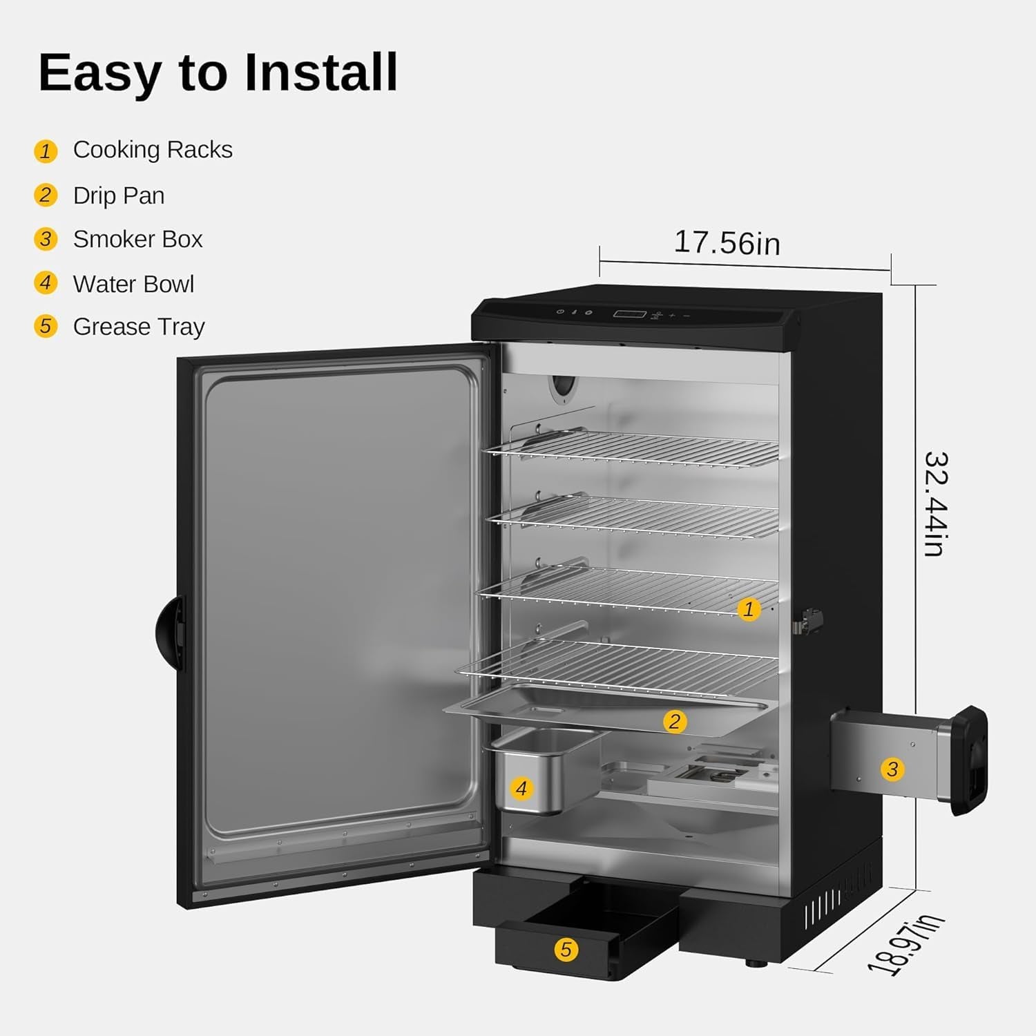 30-Inch Electric Smoker, Outdoor Smoker with Convenient Side Wood Chip Loader, 725 Sq Inches of Cooking, Digital Control and 4 Removable Racks for Outdoor Kitchen, BBQ, Backyard, Black