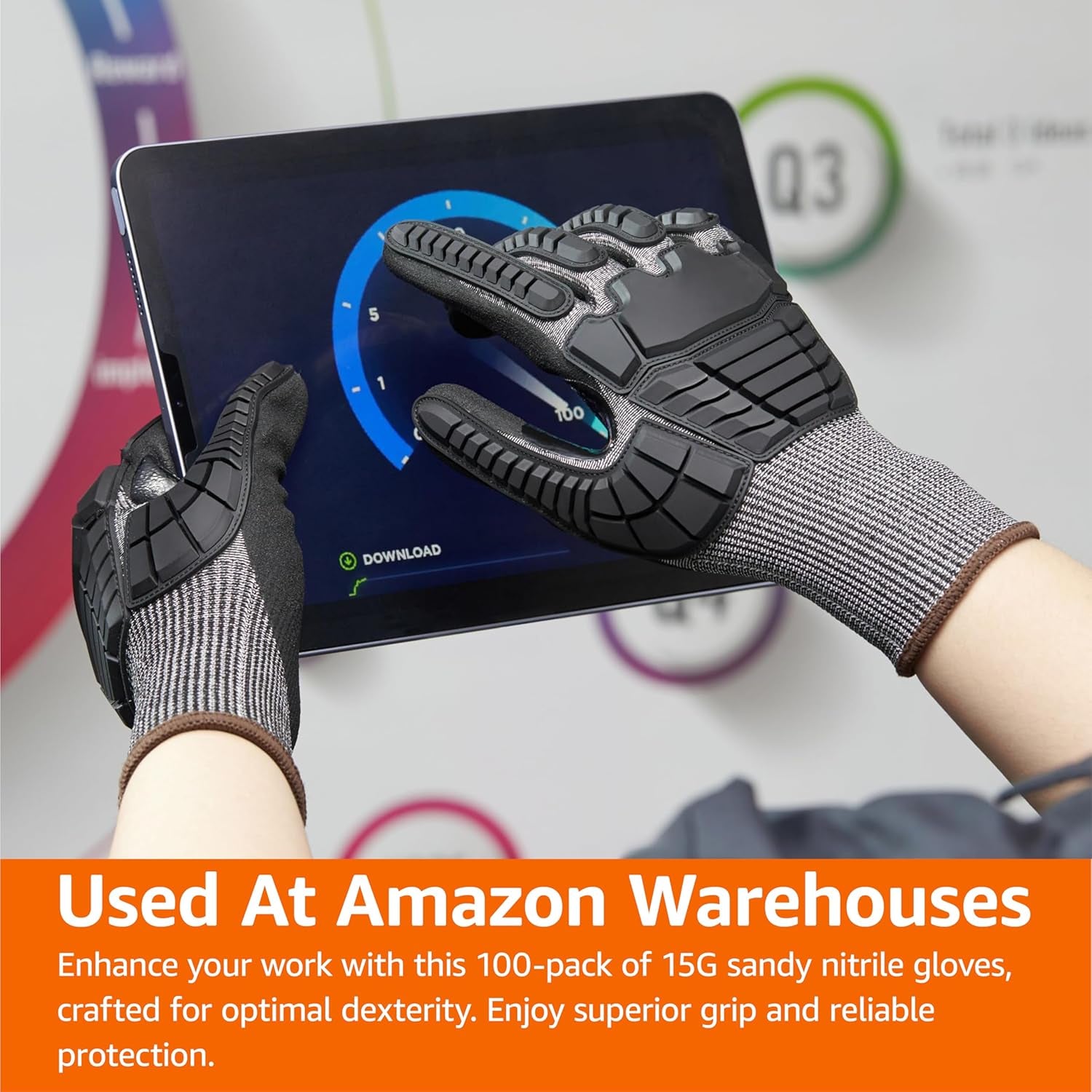 Cut Level A2, Abrasion ANSI Level A4, Impact Protection Gloves with Touch Screen Friendly 15G Sandy Nitrile Palm, Pack of 100 Pairs, Black, Size X-Large