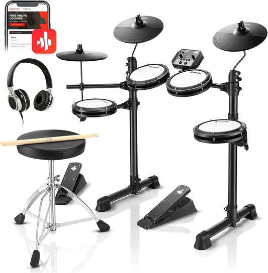 DED-80 Electronic Drum Set with 4 Quiet Mesh Pads, 180+ Sounds, 2 Pedals, Throne, Headphones, Sticks, and Melodics Lessons