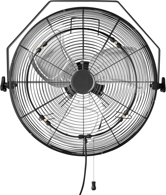 18" Outdoor Misting Fan, Wall-Mounted, Industrial Fan, Waterproof (IP44), with Tilt Head, Heavy-Duty Metal Blades, Dual Ball Bearing Motor, 3 Speeds up to 1550 RPM and 3781 CFM, Black