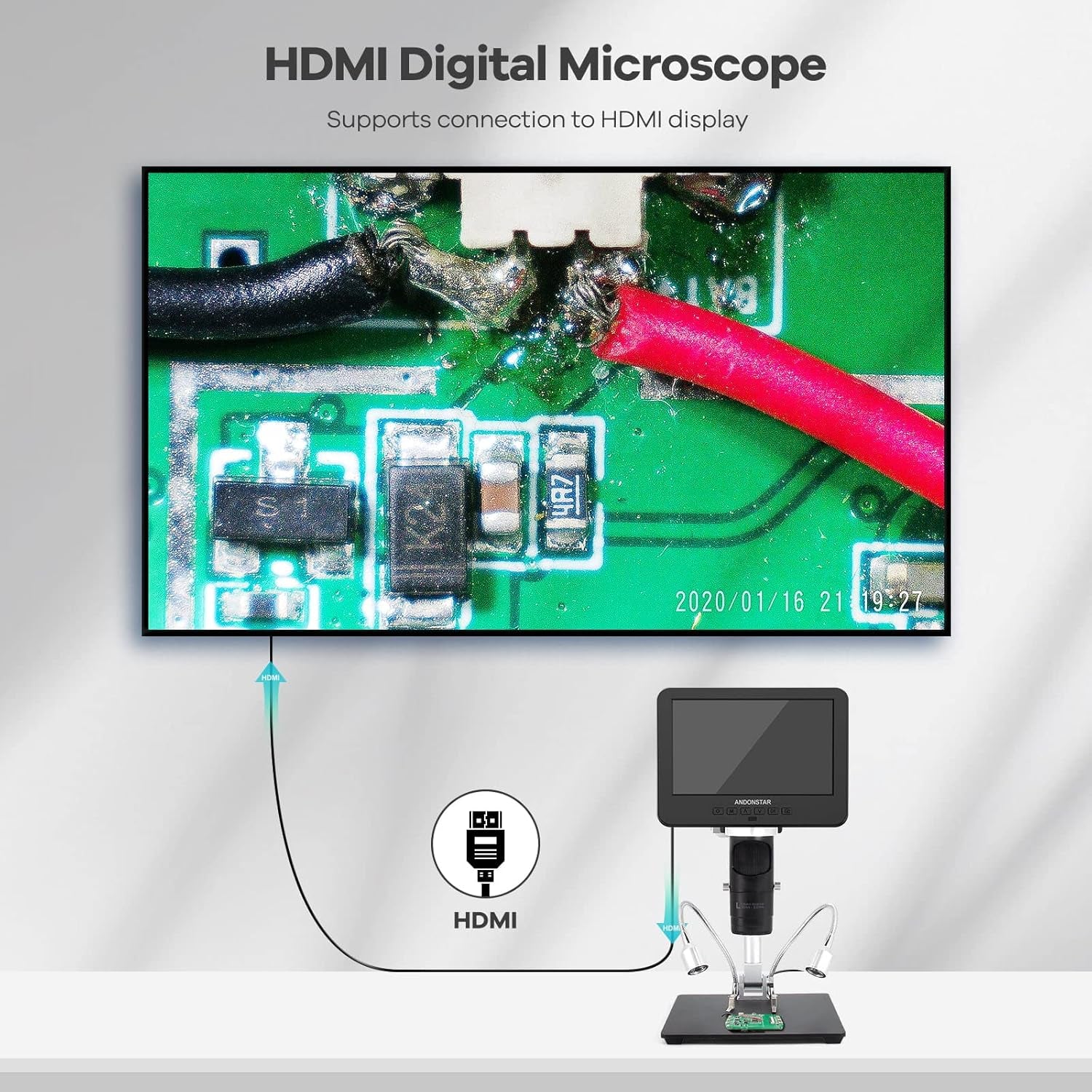 AD246S-M HDMI Digital Microscope 2000X for Adults, 3 Lens 2160P UHD Video Record, 7 Inch LCD Soldering Microscope for Electronics Repair, Error Coins, Pro Boom Arm Stand, Windows Compatible