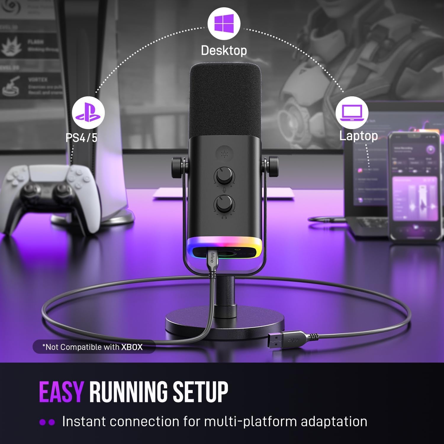 USB/XLR Dynamic Microphone for Podcast Recording, PC Computer Gaming Streaming Mic with RGB Light, Mute Button, Headphones Jack, Desktop Stand, Vocal Mic for Singing Youtube-Ampligame AM8