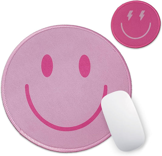 Small Round Travel Mouse Pad Cute Funny Mousepad Preppy Smile Face Mousepads with Coaster Non-Slip Rubber Base Stitched Edge for Wireless Computer for Office Home Gaming Laptop Women