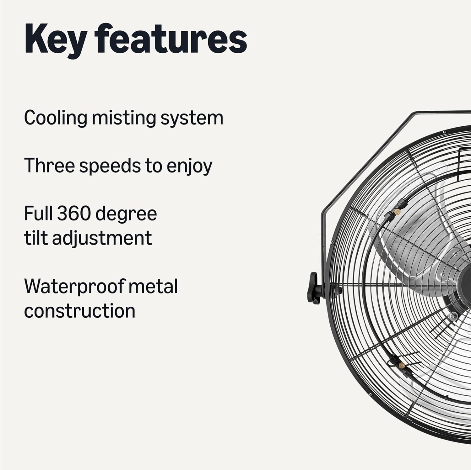 18" Outdoor Misting Fan, Wall-Mounted, Industrial Fan, Waterproof (IP44), with Tilt Head, Heavy-Duty Metal Blades, Dual Ball Bearing Motor, 3 Speeds up to 1550 RPM and 3781 CFM, Black