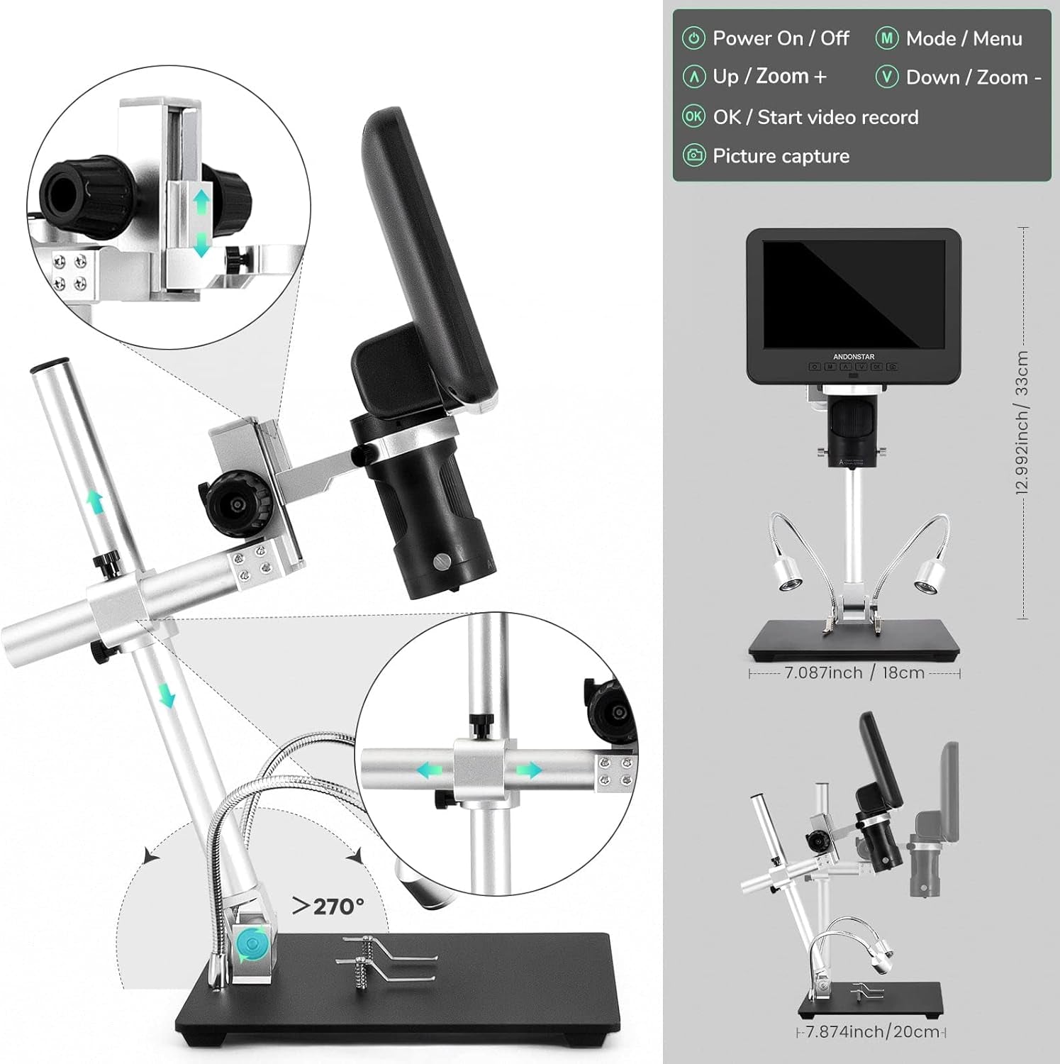 AD246S-M HDMI Digital Microscope 2000X for Adults, 3 Lens 2160P UHD Video Record, 7 Inch LCD Soldering Microscope for Electronics Repair, Error Coins, Pro Boom Arm Stand, Windows Compatible