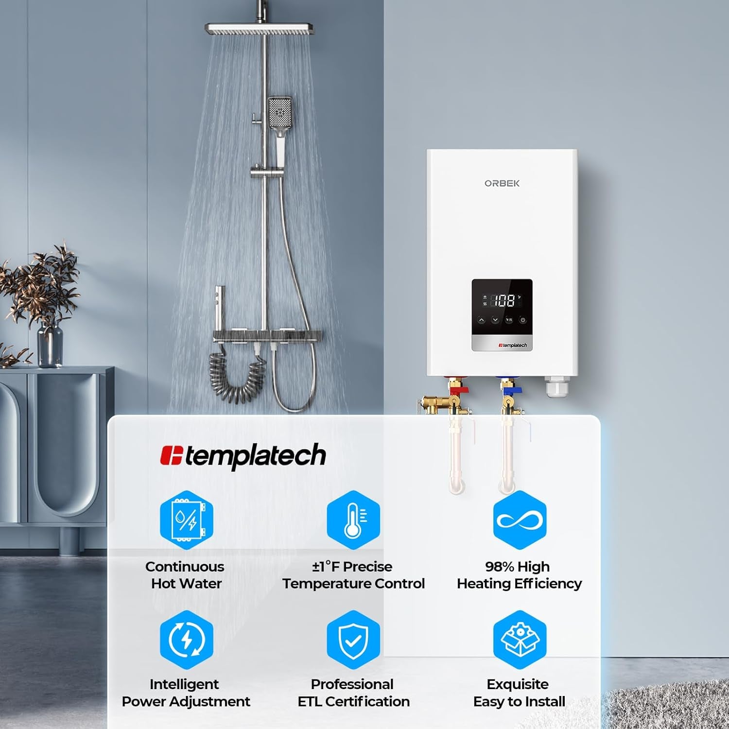 14Kw Tankless Water Heater Electric,  240 Volt on Demand Instant Hot Water Heater, with LED Digital Display, ETL Certified, up to 3.38 GPM for 2-3 Point of Use