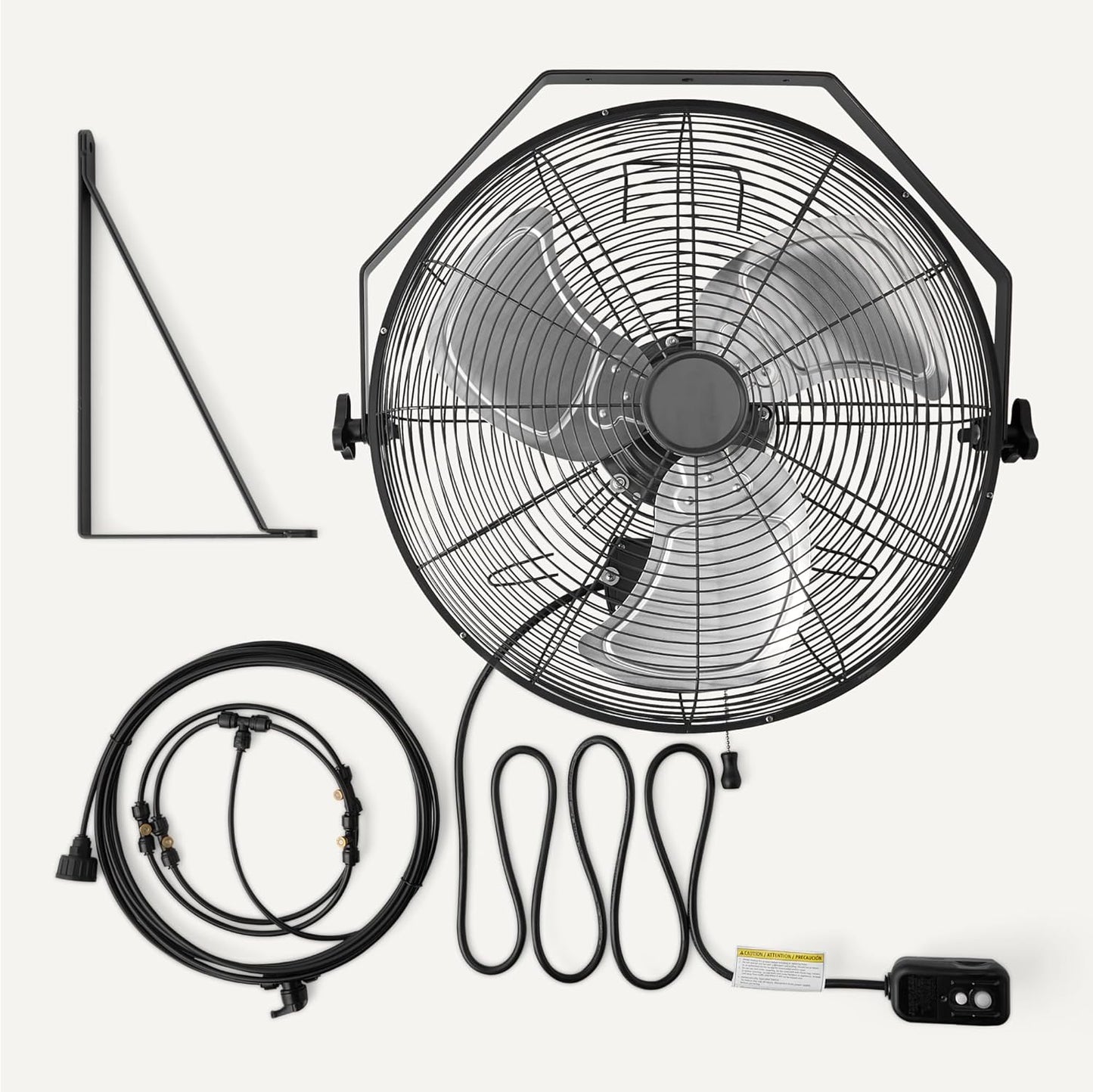 18" Outdoor Misting Fan, Wall-Mounted, Industrial Fan, Waterproof (IP44), with Tilt Head, Heavy-Duty Metal Blades, Dual Ball Bearing Motor, 3 Speeds up to 1550 RPM and 3781 CFM, Black