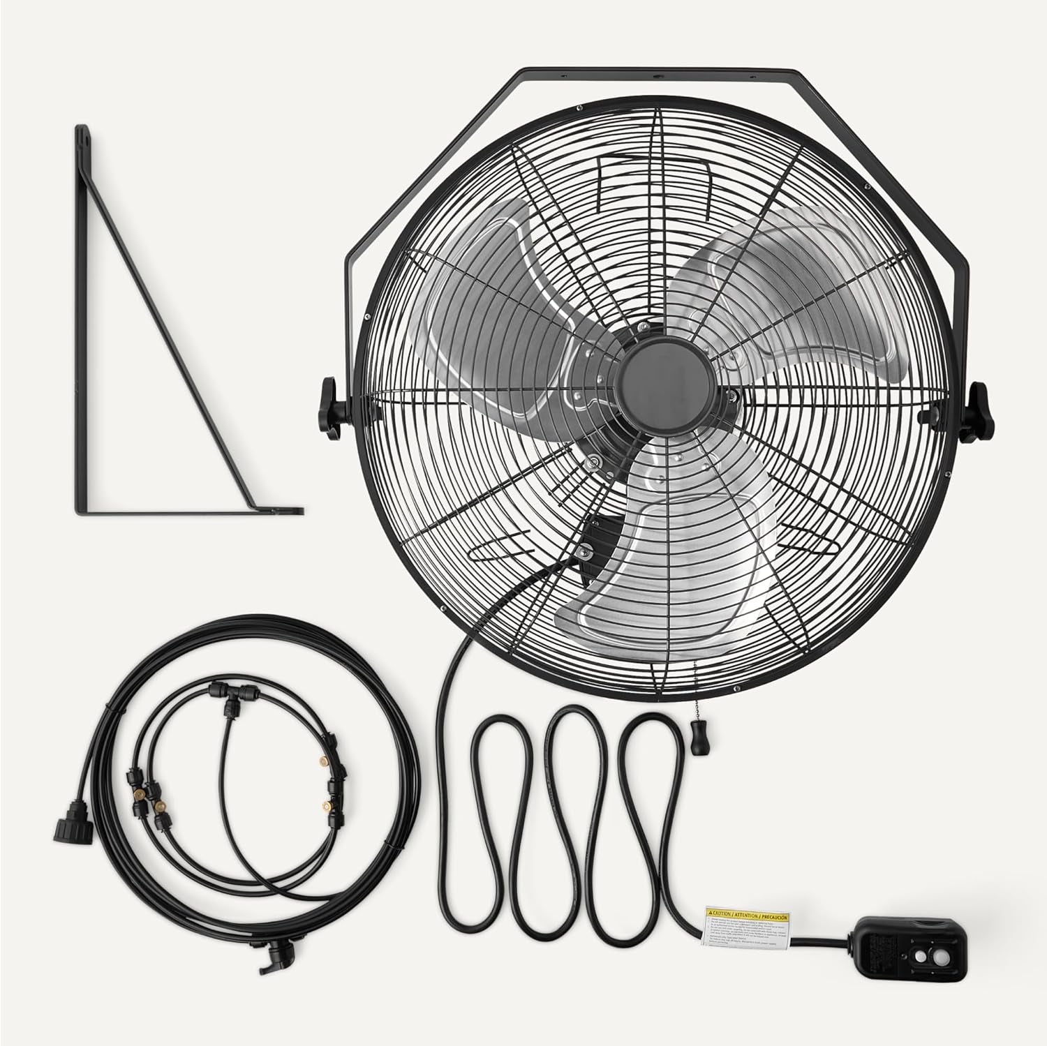 18" Outdoor Misting Fan, Wall-Mounted, Industrial Fan, Waterproof (IP44), with Tilt Head, Heavy-Duty Metal Blades, Dual Ball Bearing Motor, 3 Speeds up to 1550 RPM and 3781 CFM, Black