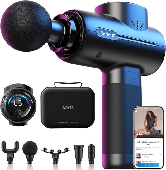 Massage Gun Deep Tissue, Portable Percussion Muscle Massager with Bluetooth, Handheld Device for Back and Neck, Carry Case, Gifts for Men and Women