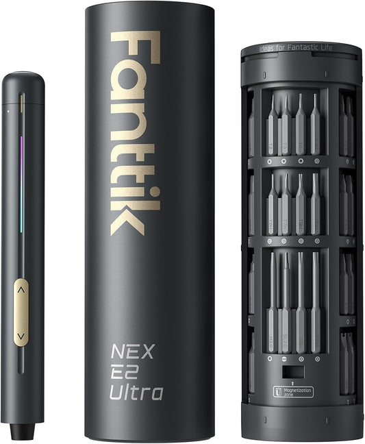 E2 Ultra 3.7V Mini Electric Screwdriver, Cordless Screwdriver, Max 0.6N.M, 50 Magnetic Bits, 5/32'' Hex, Magnetic Storage, Repair Tool for Electronics, Camera, Laptop, and PC Build (Grey)