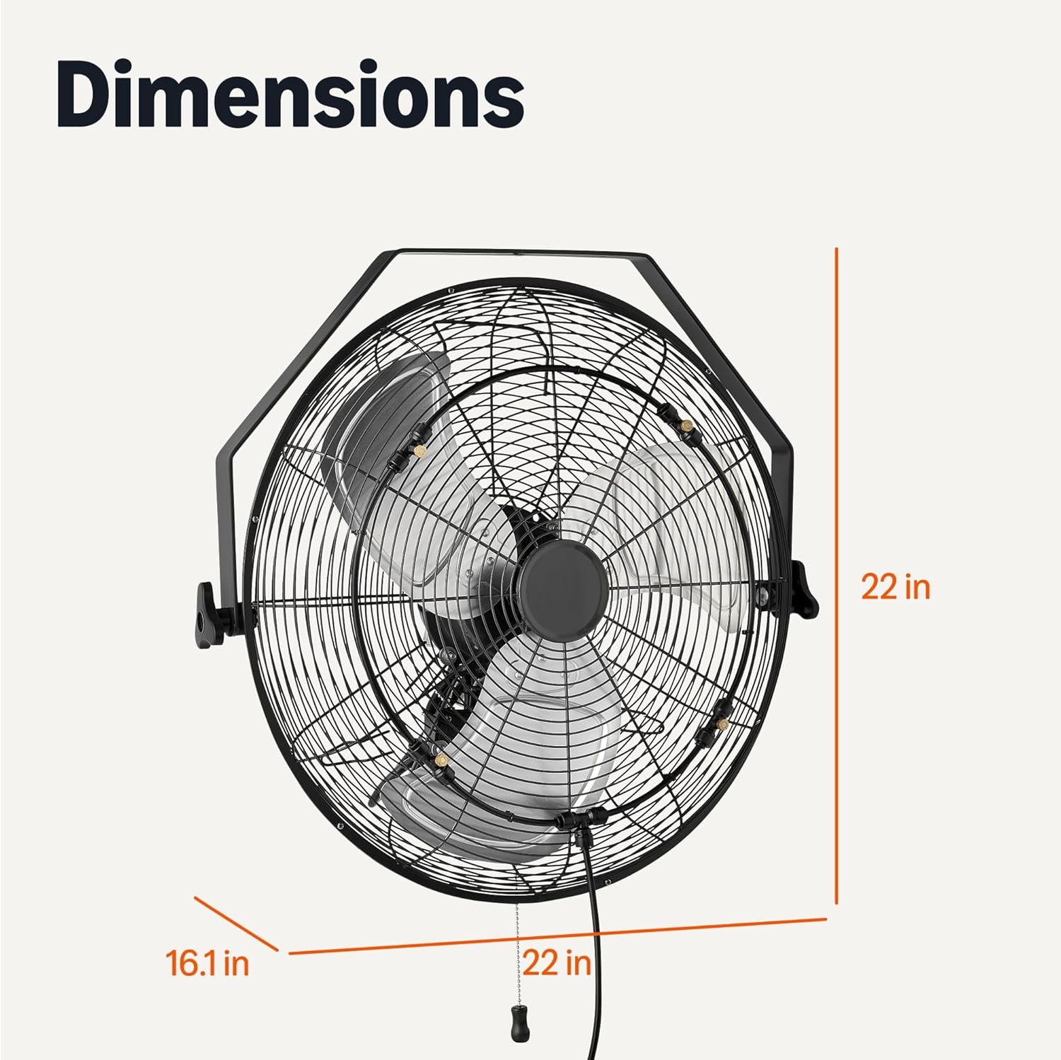 18" Outdoor Misting Fan, Wall-Mounted, Industrial Fan, Waterproof (IP44), with Tilt Head, Heavy-Duty Metal Blades, Dual Ball Bearing Motor, 3 Speeds up to 1550 RPM and 3781 CFM, Black