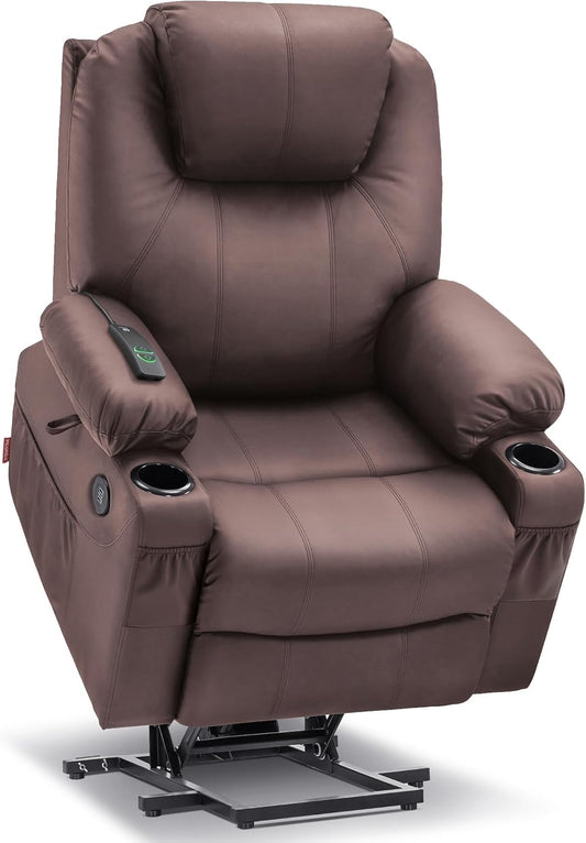 Electric Power Lift Recliner Chair Sofa with Massage and Heat for Elderly, 3 Positions, 2 Side Pockets, and Cup Holders, USB Ports, Faux Leather 7040 (Light Brown, Medium)