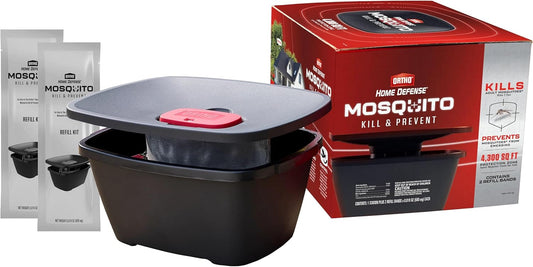 Home Defense Mosquito Kill and Prevent, Controls Mosquitoes and Larvae, Silent, Easy-To-Use, Protects up to 4,300 Sq. Ft., 1 Mosquito Station and 2 Refill Bands